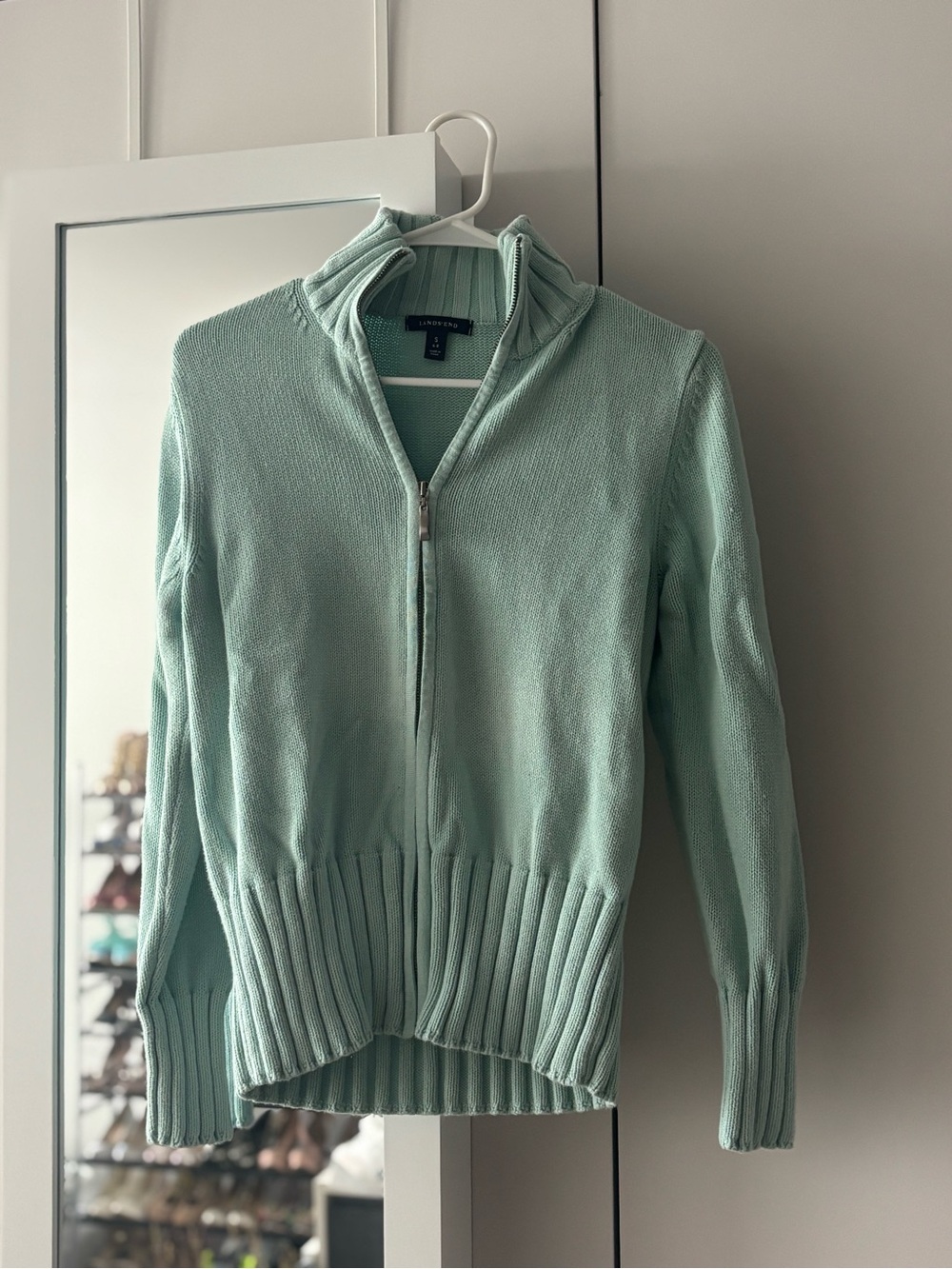 Lands' End Mint Green Zip-Front V-Neck Sweater